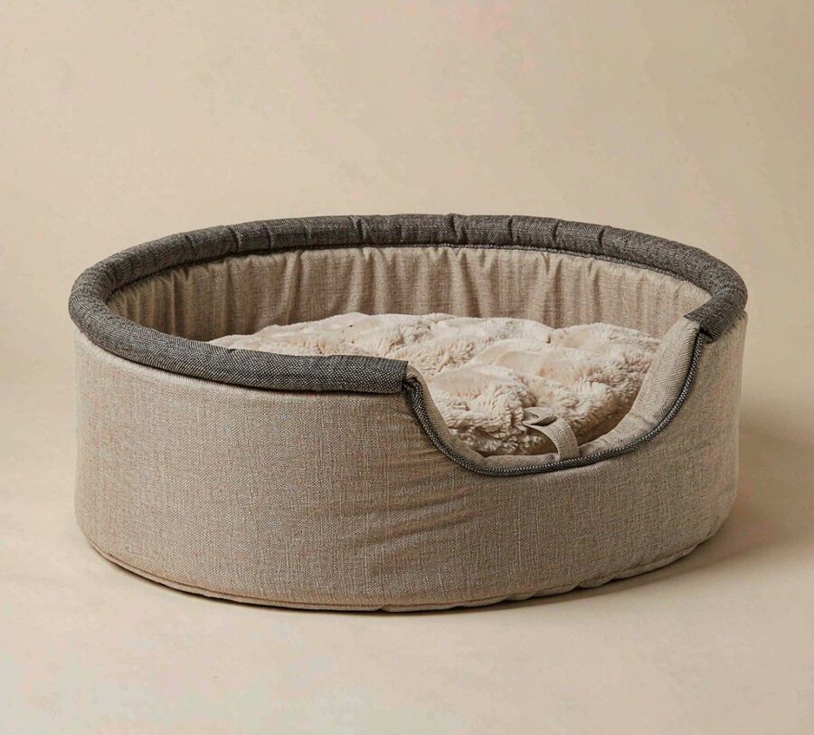 Cloud Nine Cotton Pet Bed Beige cotton-linen round pet bed with a plush cushion