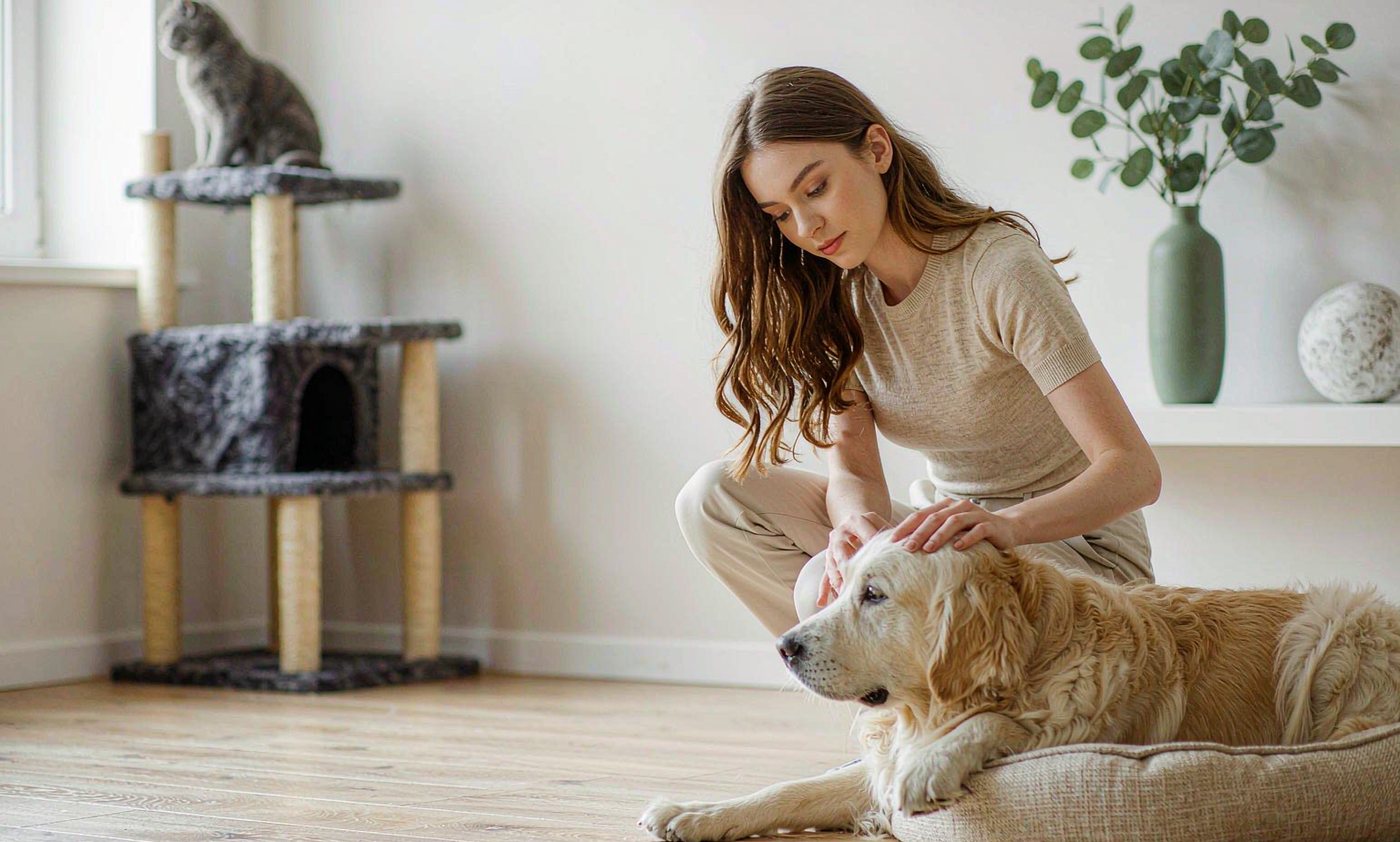 A woman relaxing at home with a golden retriever on a PetLumos bed