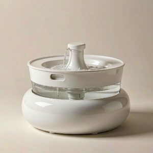 White automatic pet water fountain with a water stream