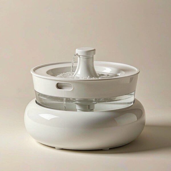 White automatic pet water fountain with a water stream